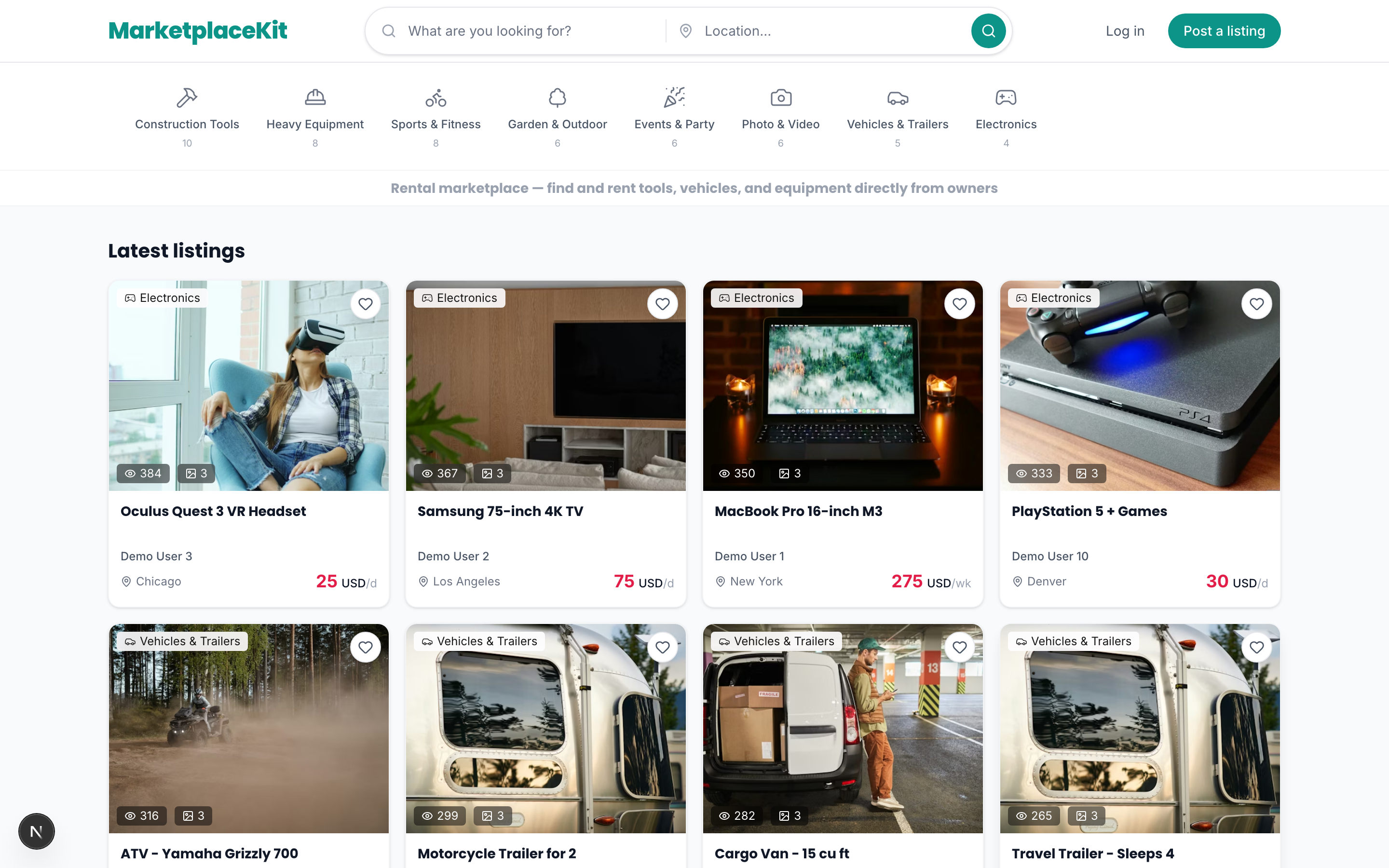 MarketplaceKit homepage with listing grid