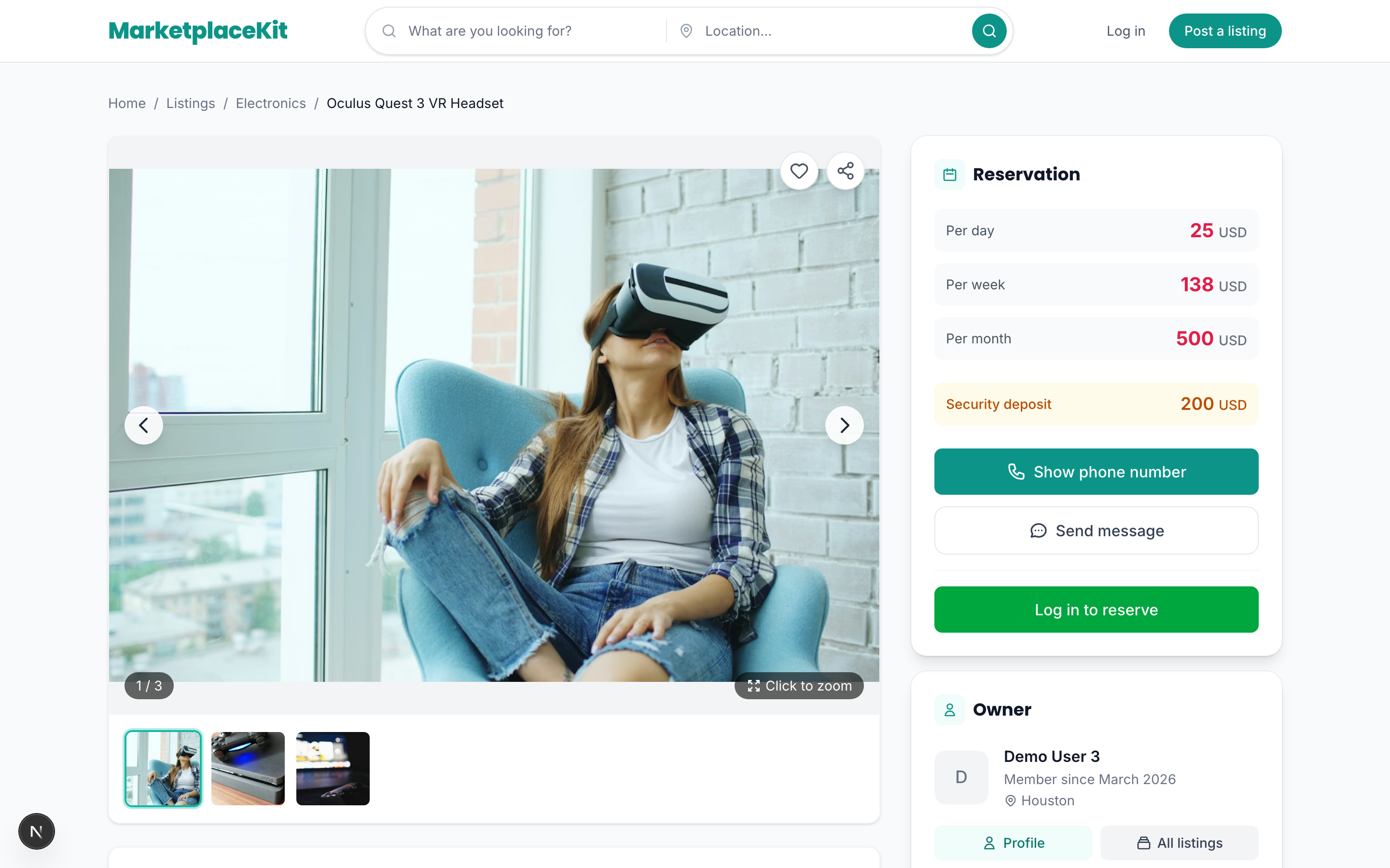 Listing detail with image gallery and reservation form